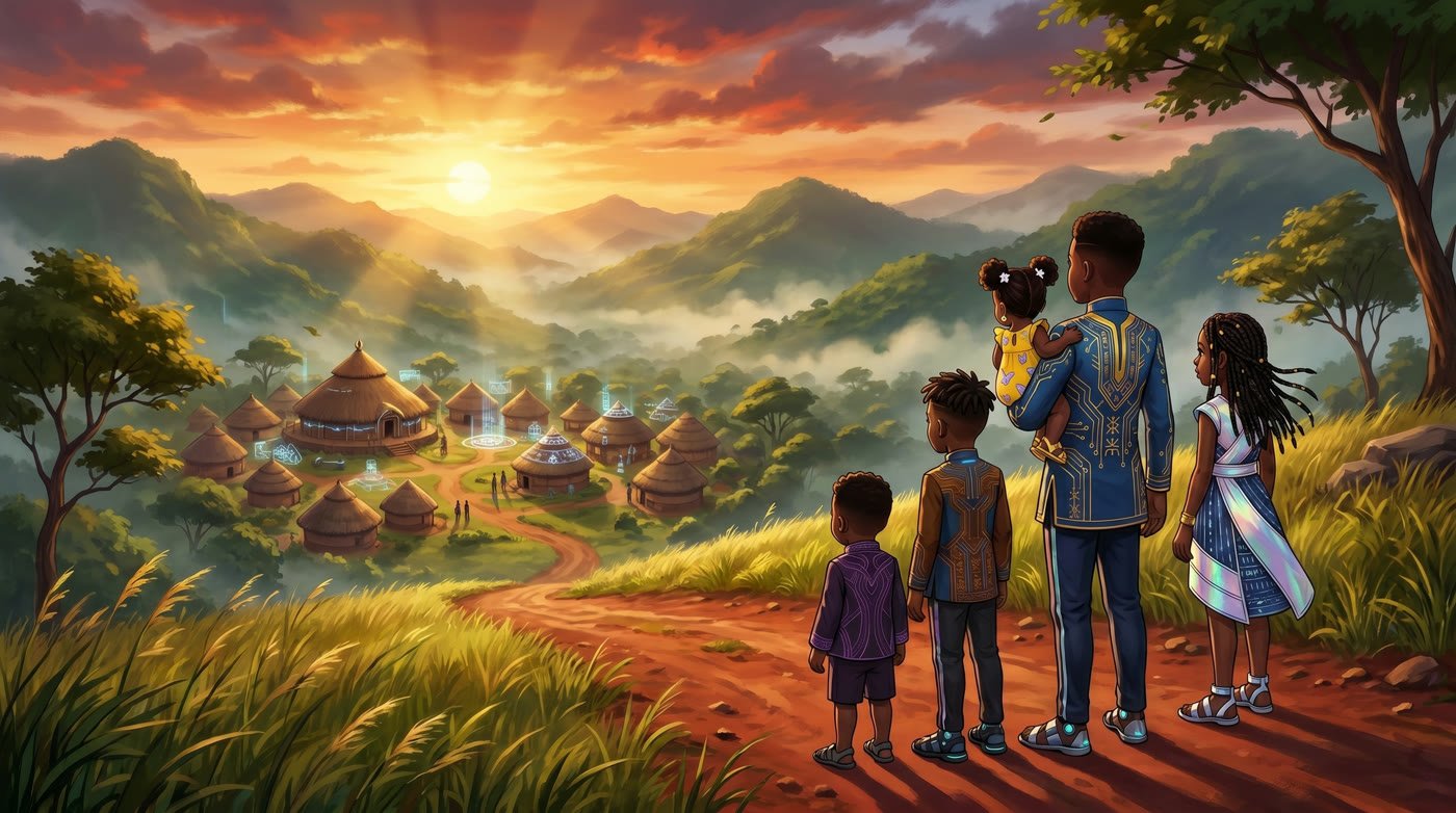 Episode 1 key art — the five siblings on the highlands road above Lewoh