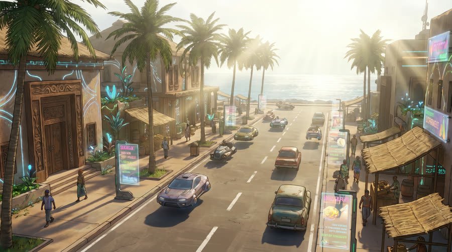 Limbe seafront in 2057 — hover-cars and Bangwa totem monument