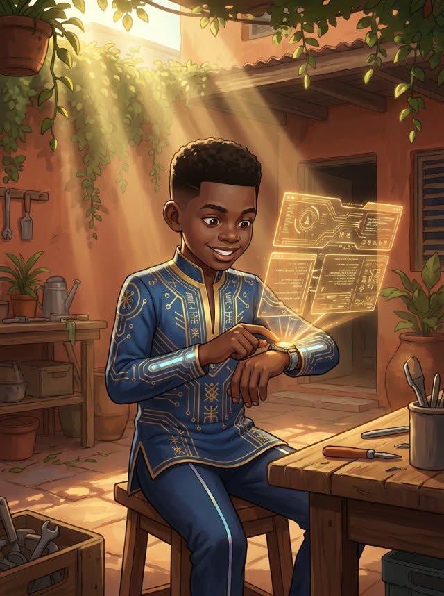 Atembe tinkering with his wrist-com
