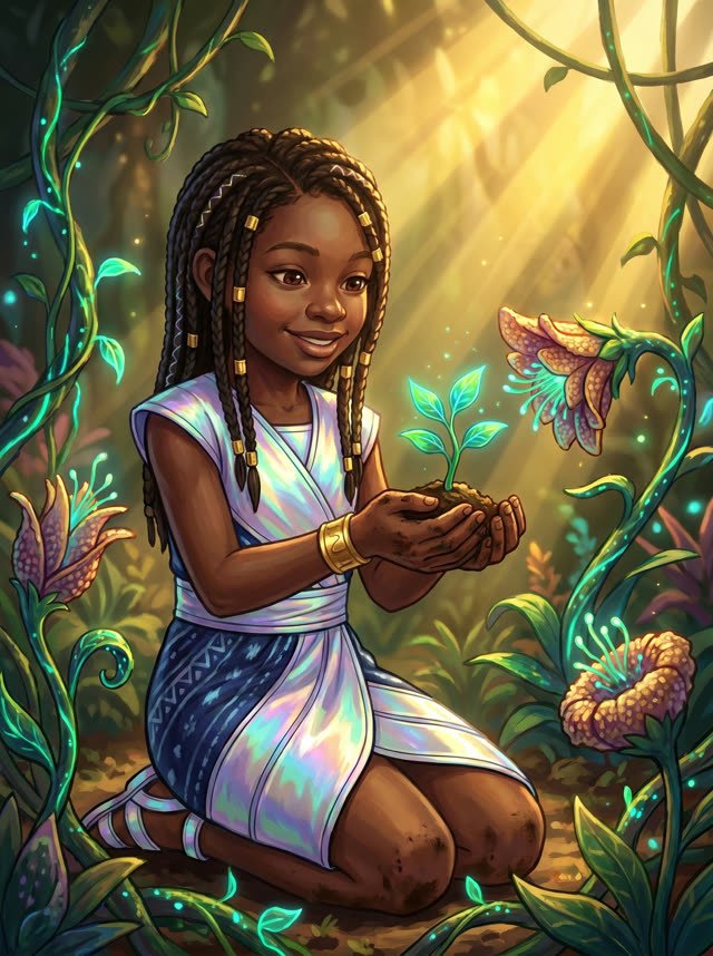 Eliora tending a seedling