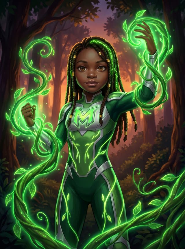 Eliora powered up, vines spiraling around her